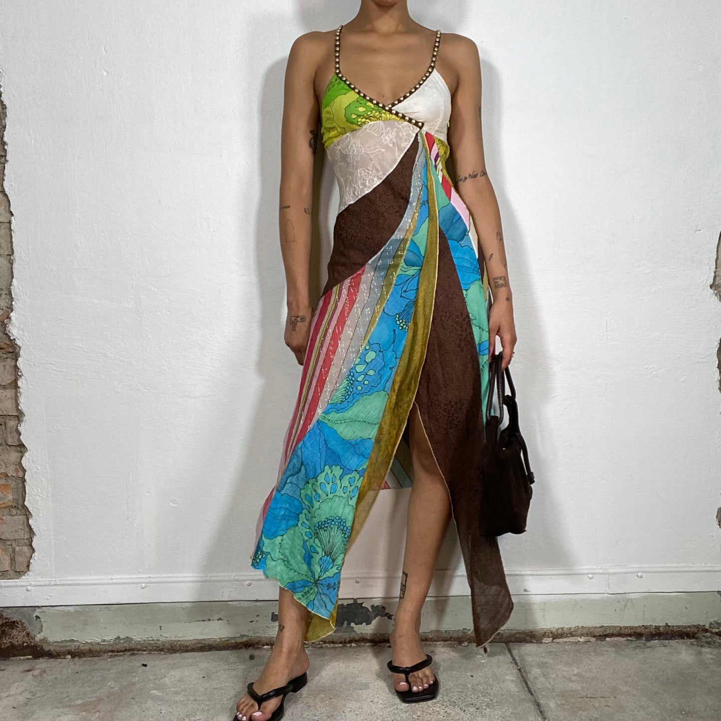 Vintage 2000's Summer Colourful Layered Dress with Mixed Prints and Mesh Part (S)