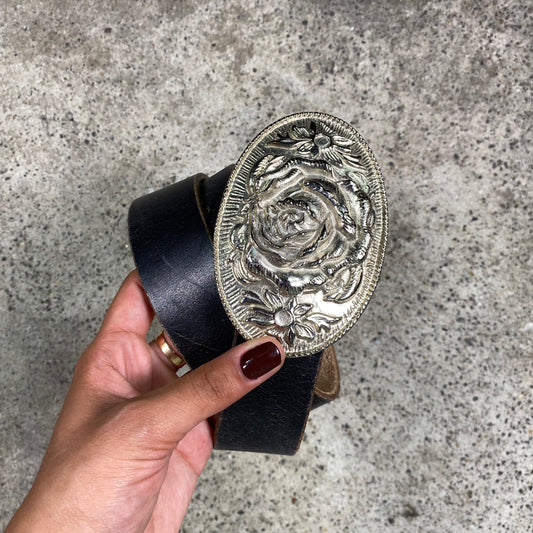 Vintage 2000's Cowboy Black Belt with Floral Silver Buckle