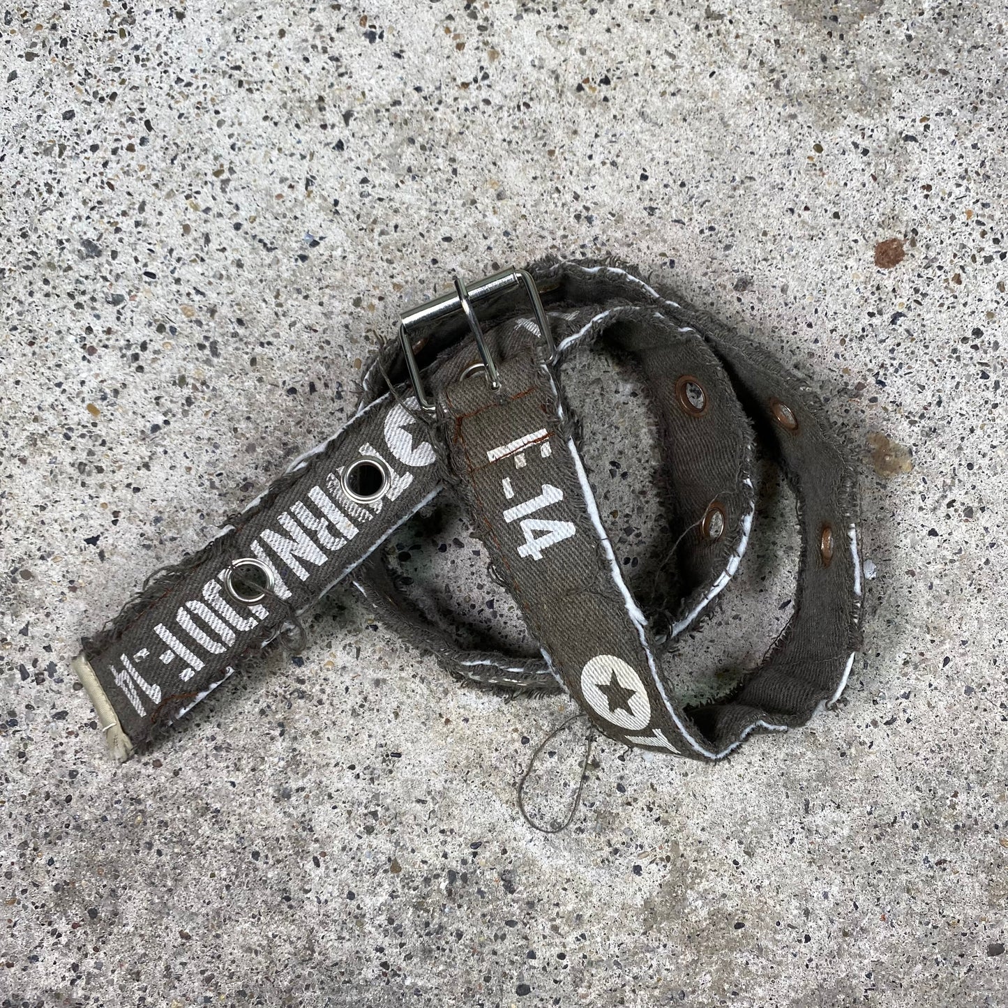 Vintage 2000's Grunge Khaki Belt with White Typography Print