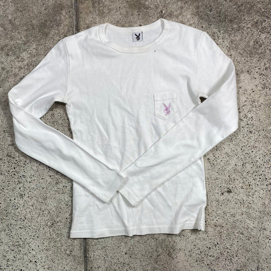 Vintage 90's Playboy White Longsleeve Top with Pink Logo Print (S/M)