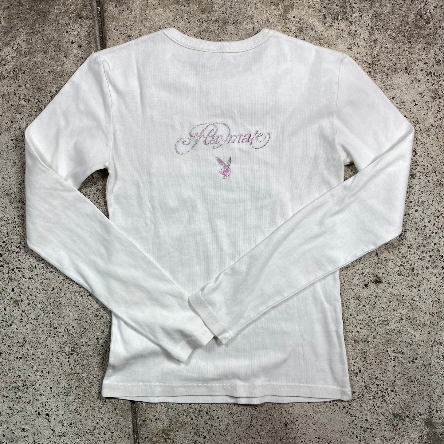 Vintage 90's Playboy White Longsleeve Top with Pink Logo Print (S/M)