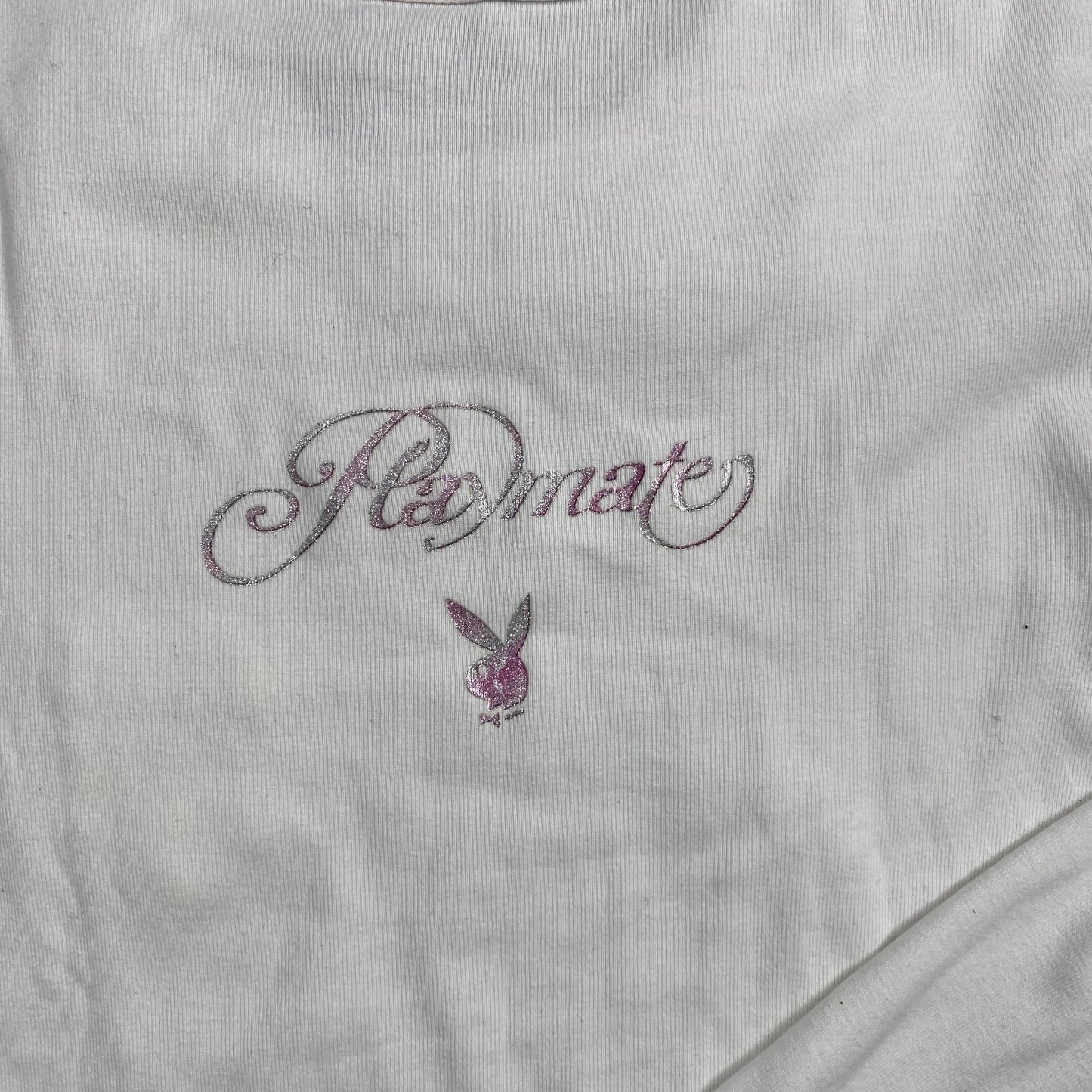 Vintage 90's Playboy White Longsleeve Top with Pink Logo Print (S/M)