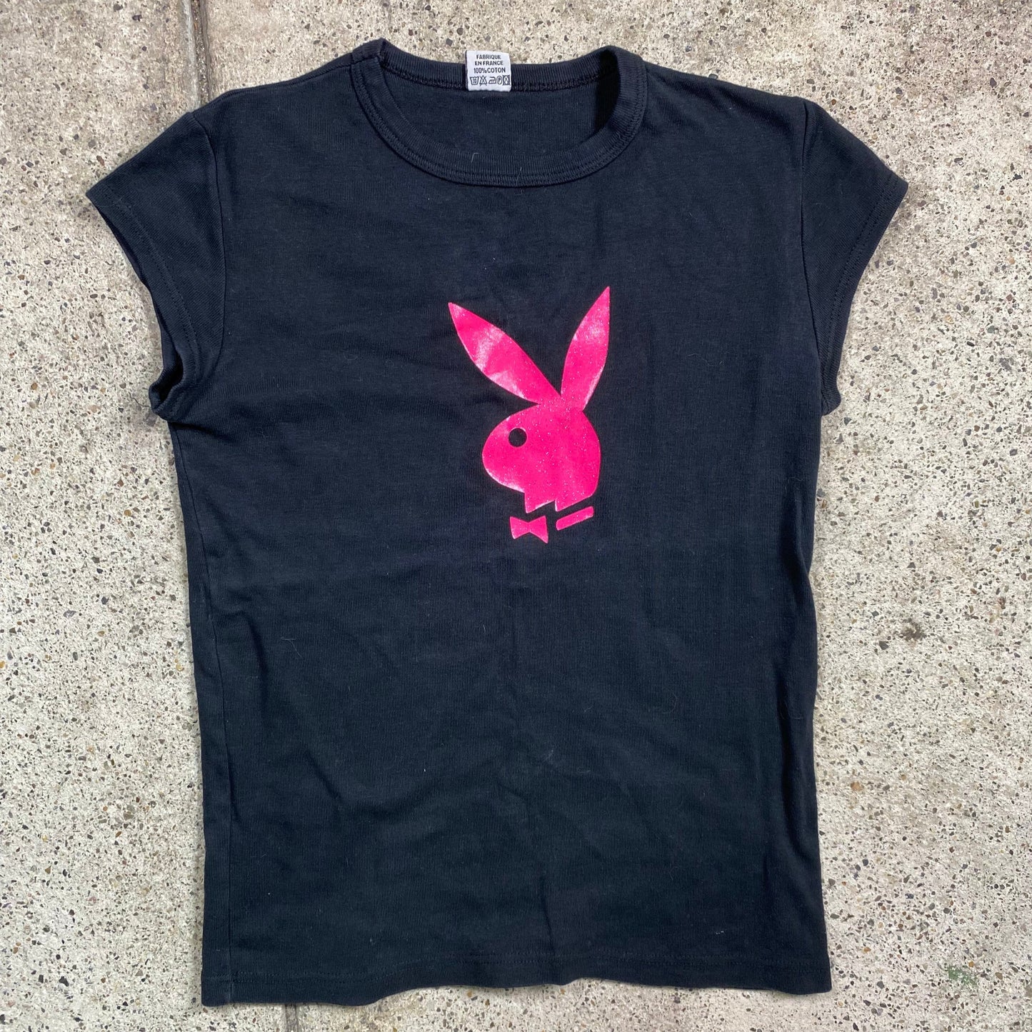 Vintage 90's Playboy Black Top with Hot Pink Logo (S/M)