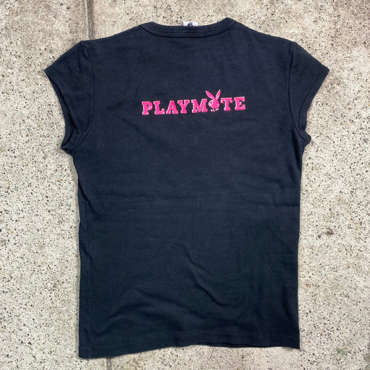 Vintage 90's Playboy Black Top with Hot Pink Logo (S/M)