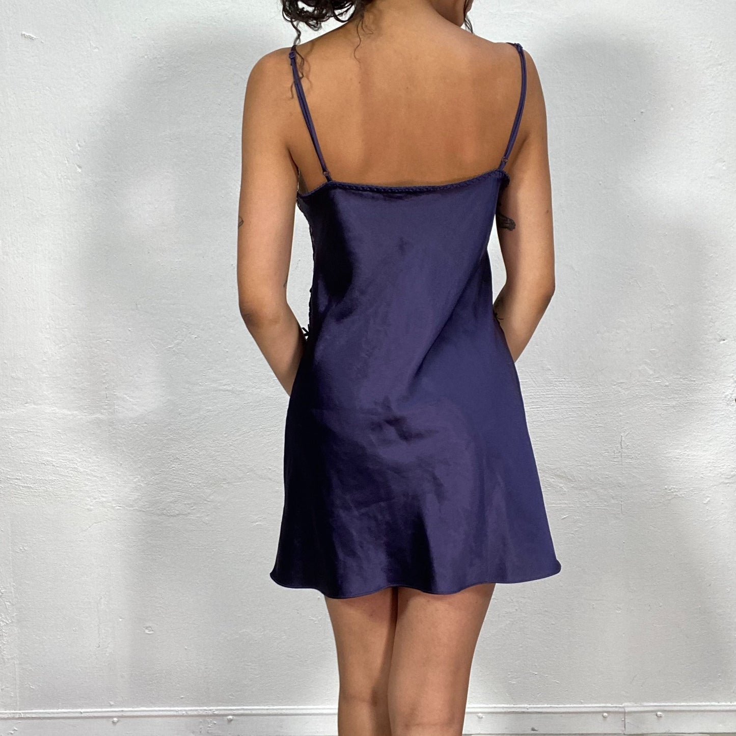 Vintage 90's Coquette Purple Satin Slip Dress with Laced Fishnet Bust (M)