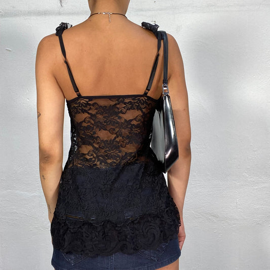 Vintage 90's Ballet Black Mesh Top with Tie Detail and Ruffler Straps (S/M)