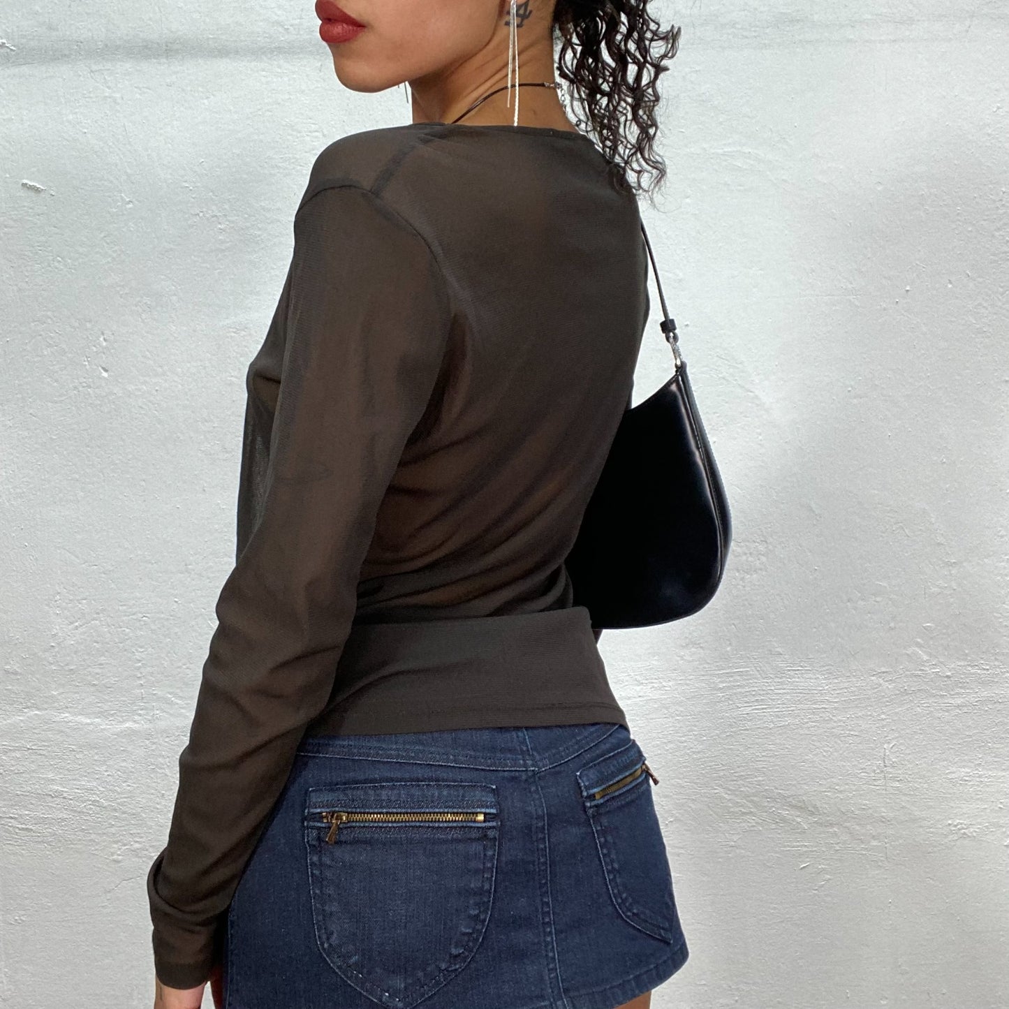 Vintage 90's Model Off Duty Brown Mesh Longsleeve Top (M)