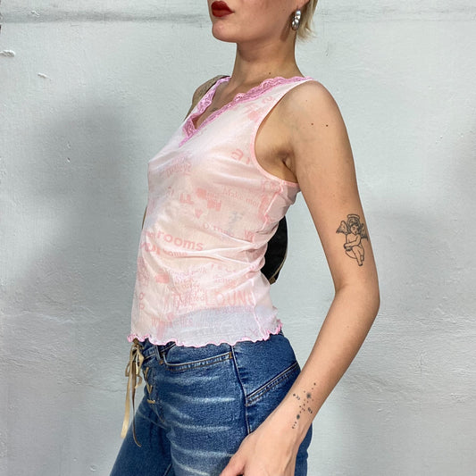 Vintage 2000's Babygirl Soft Pink Semi-Sheer Top with Typography Print and Lace Trim (S)