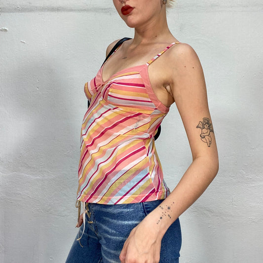 Vintage 2000's Summer Pink Semi-Sheer Cami Top with Colourful Stripes Print (S-M)