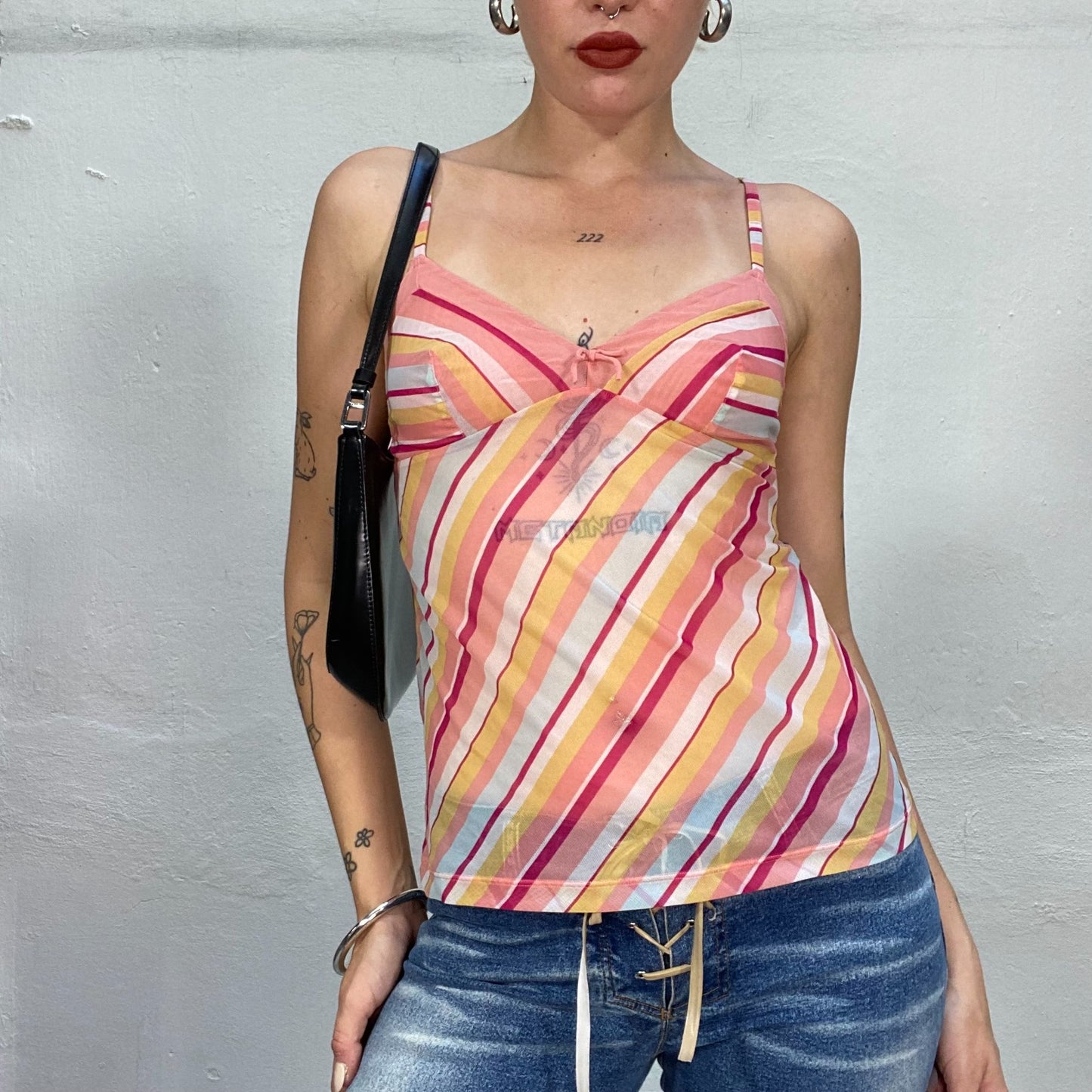 Vintage 2000's Summer Pink Semi-Sheer Cami Top with Colourful Stripes Print (S-M)