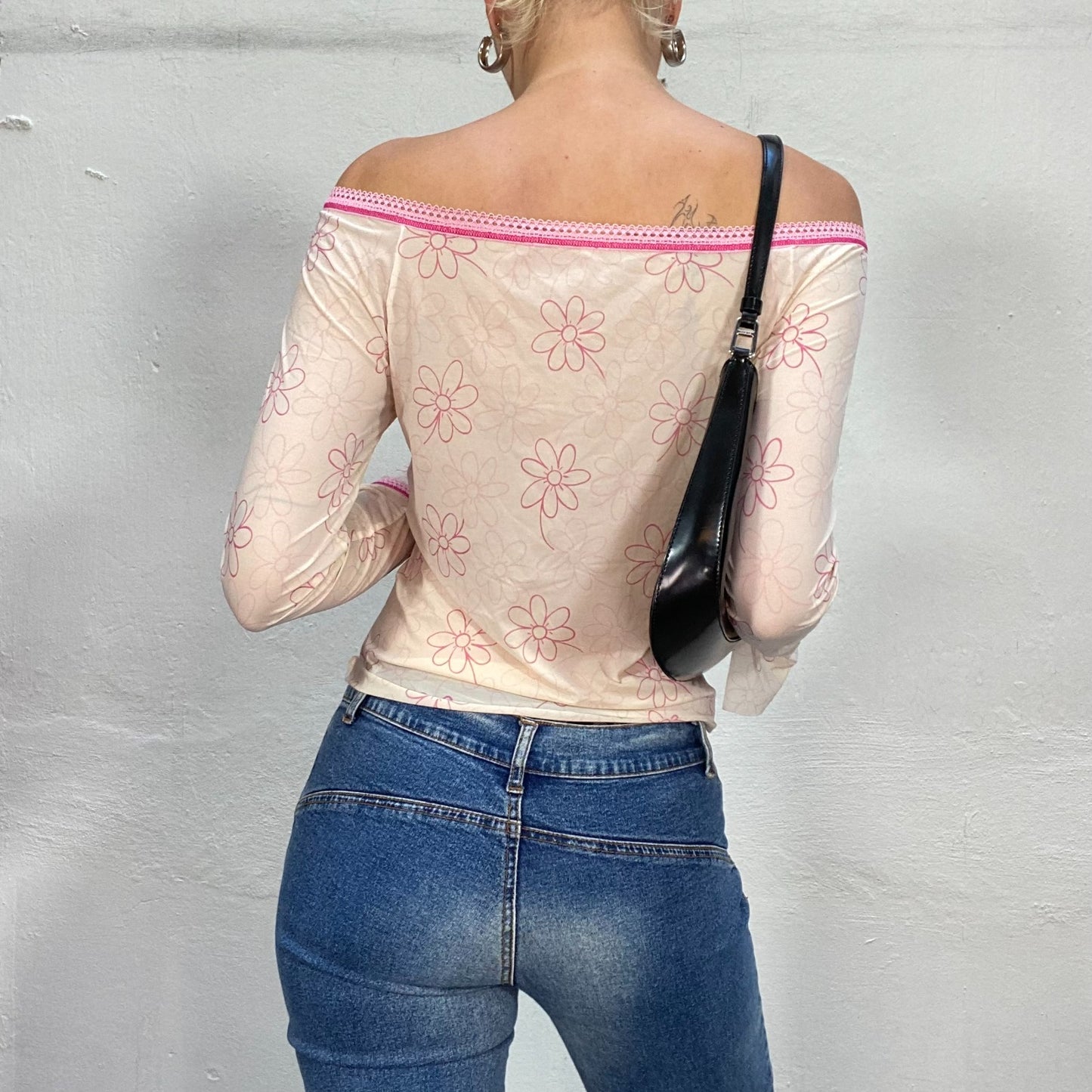 Vintage 2000's Summer Soft Pink Semi-Sheer Off Shoulder Top with Flower Print and Pink Trim (S/M)