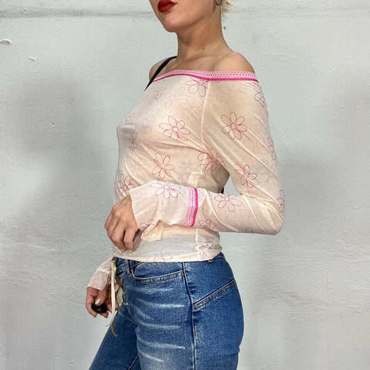 Vintage 2000's Summer Soft Pink Semi-Sheer Off Shoulder Top with Flower Print and Pink Trim (S/M)