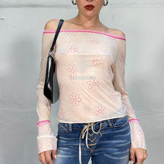 Vintage 2000's Summer Soft Pink Semi-Sheer Off Shoulder Top with Flower Print and Pink Trim (S/M)