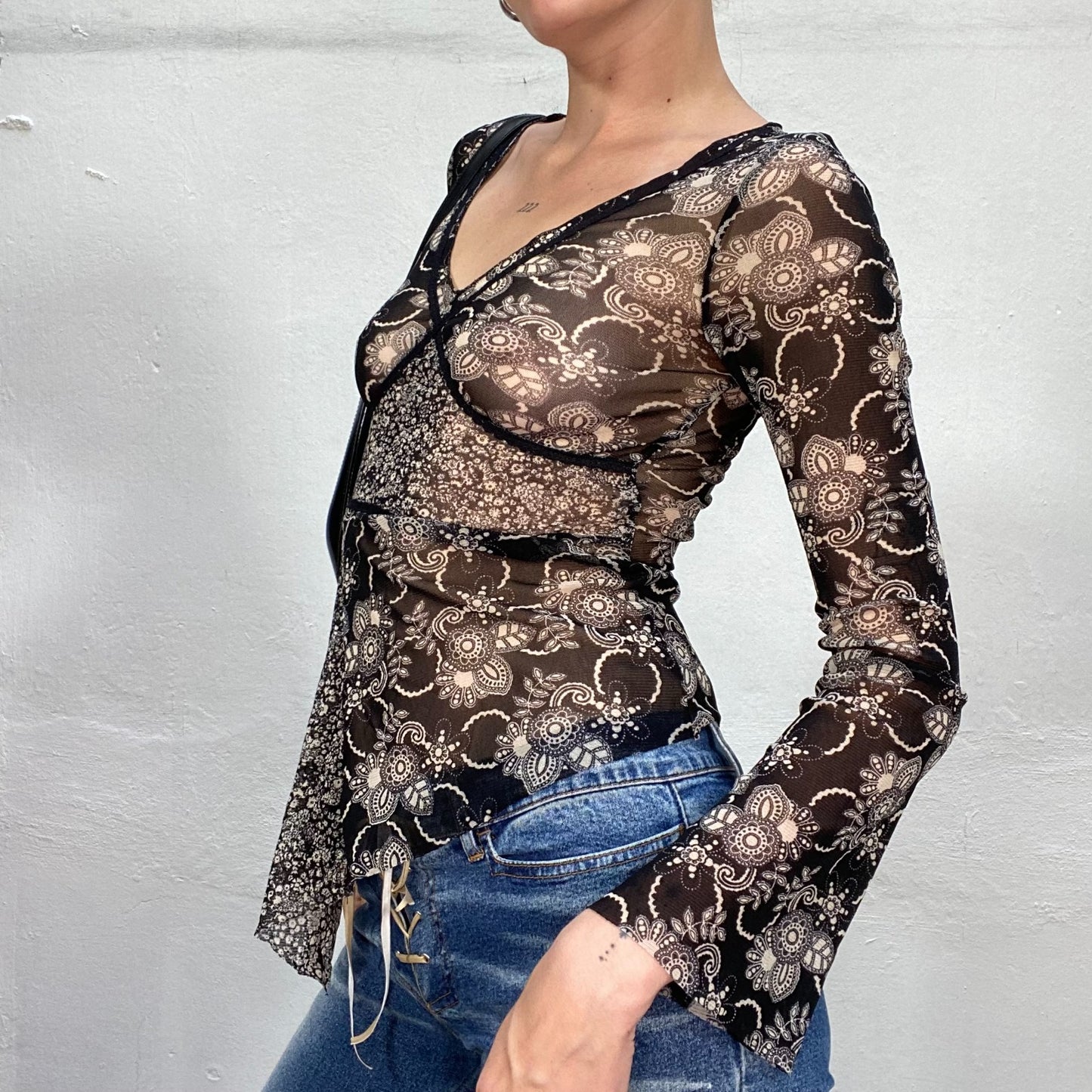 Vintage 90's Hippie Asymmetric Brown Sheer Longsleeve Top with White Floral Print (S)