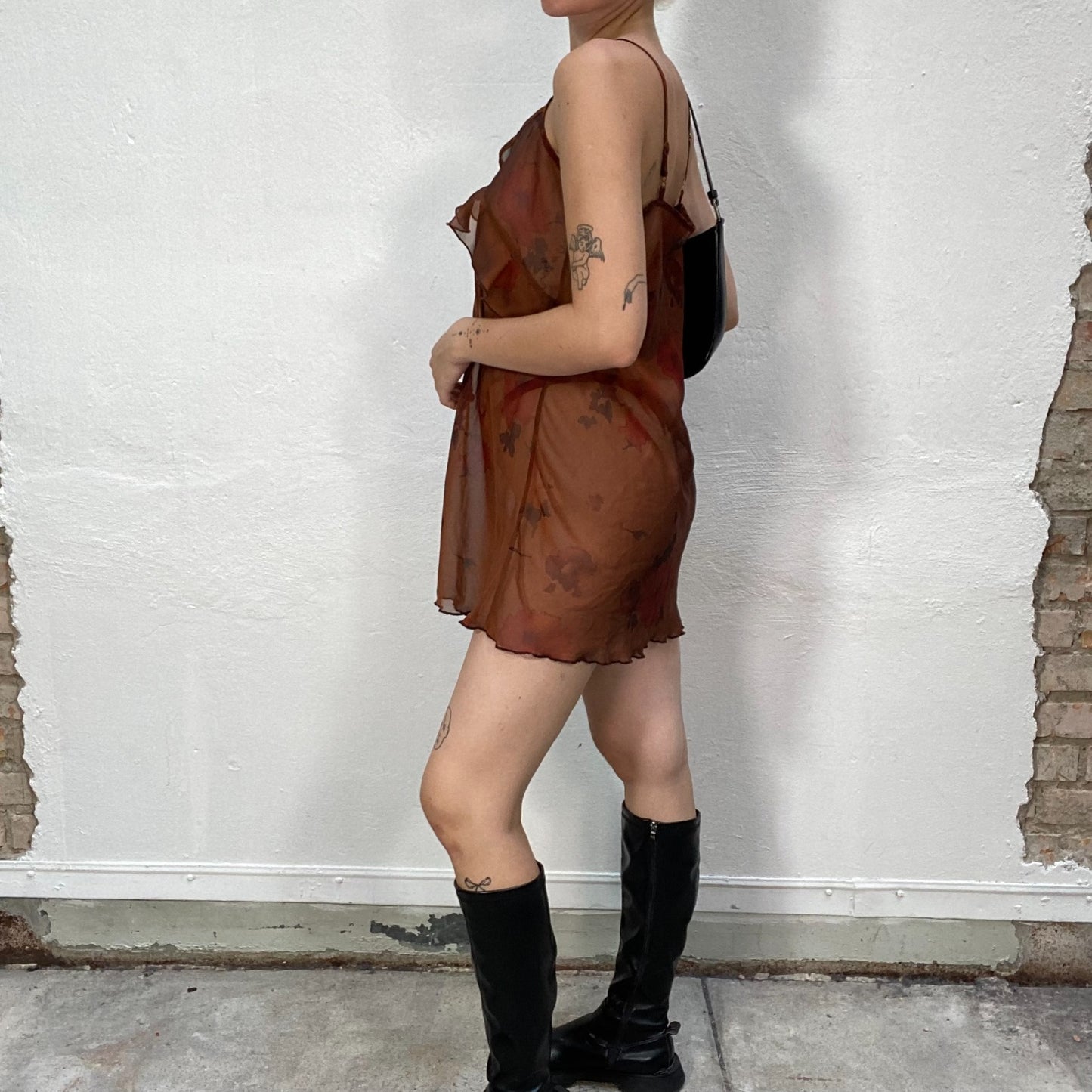 Vintage 90's Grunge Brown Mesh Slip Dress with Frill Detail (S)