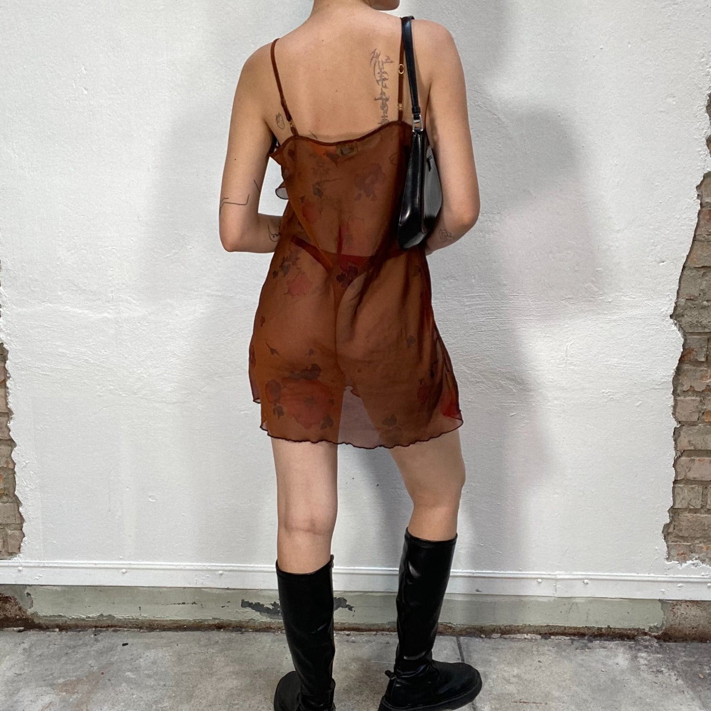 Vintage 90's Grunge Brown Mesh Slip Dress with Frill Detail (S)