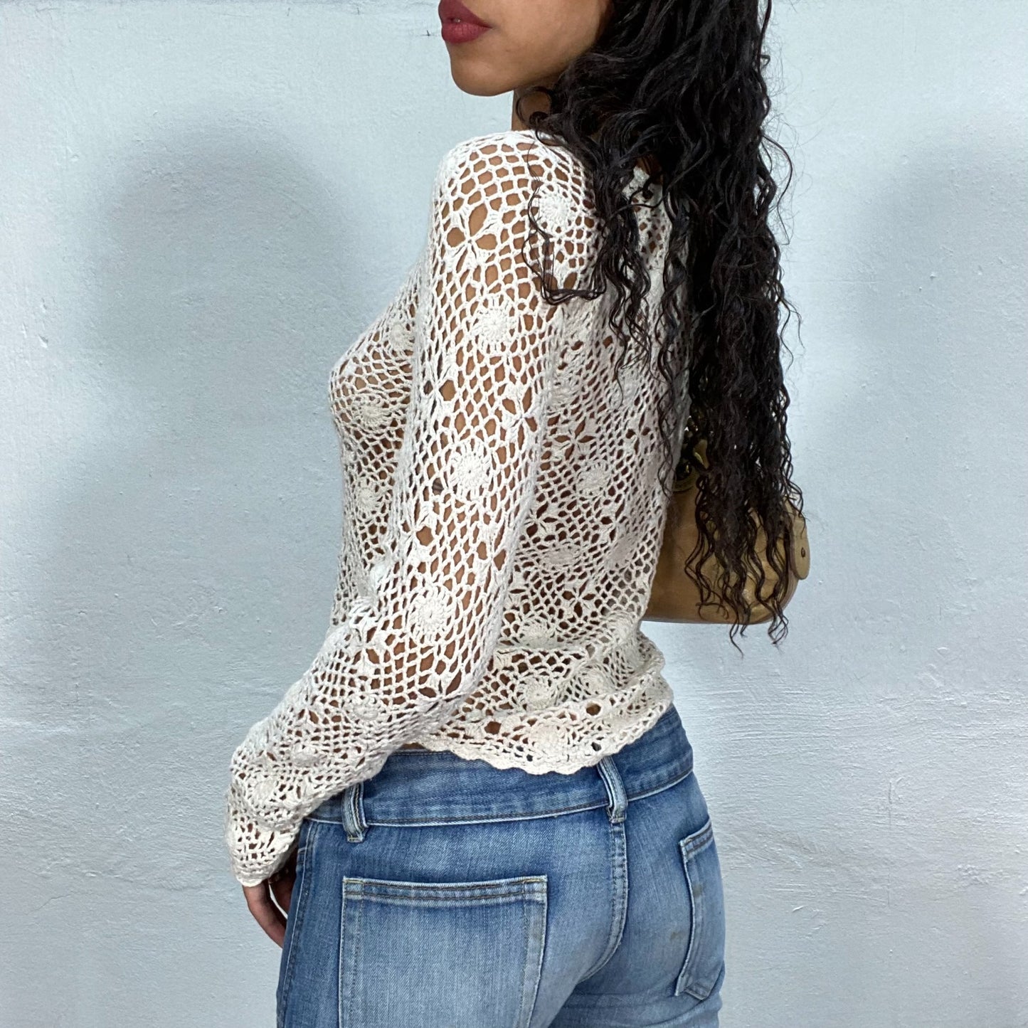 Vintage 90's Summer White Longsleeve Crochet Top (S/M)