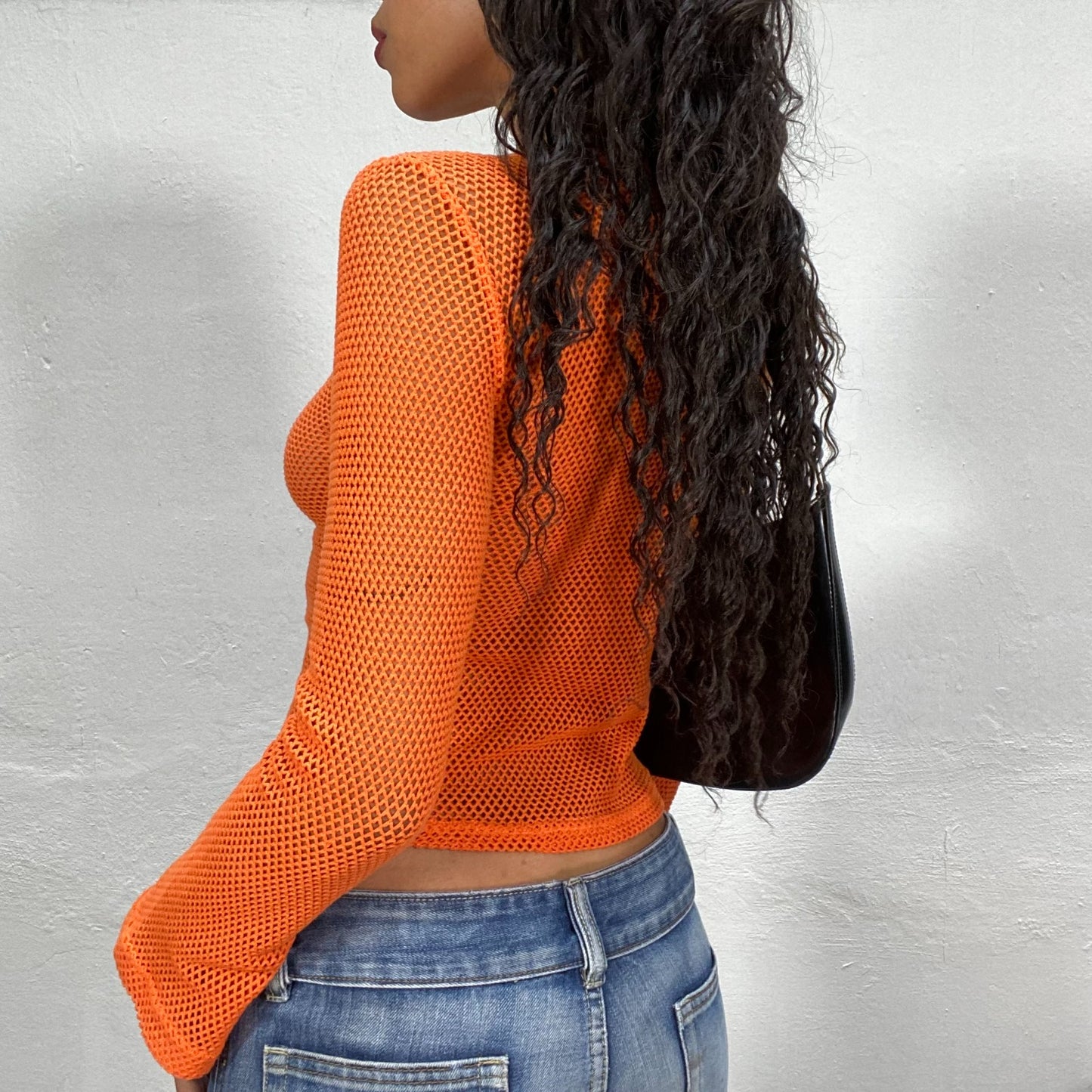 Vintage 90's Sporty Orange Longsleeve Top with Fishnet Material and White "3" Detail (S)