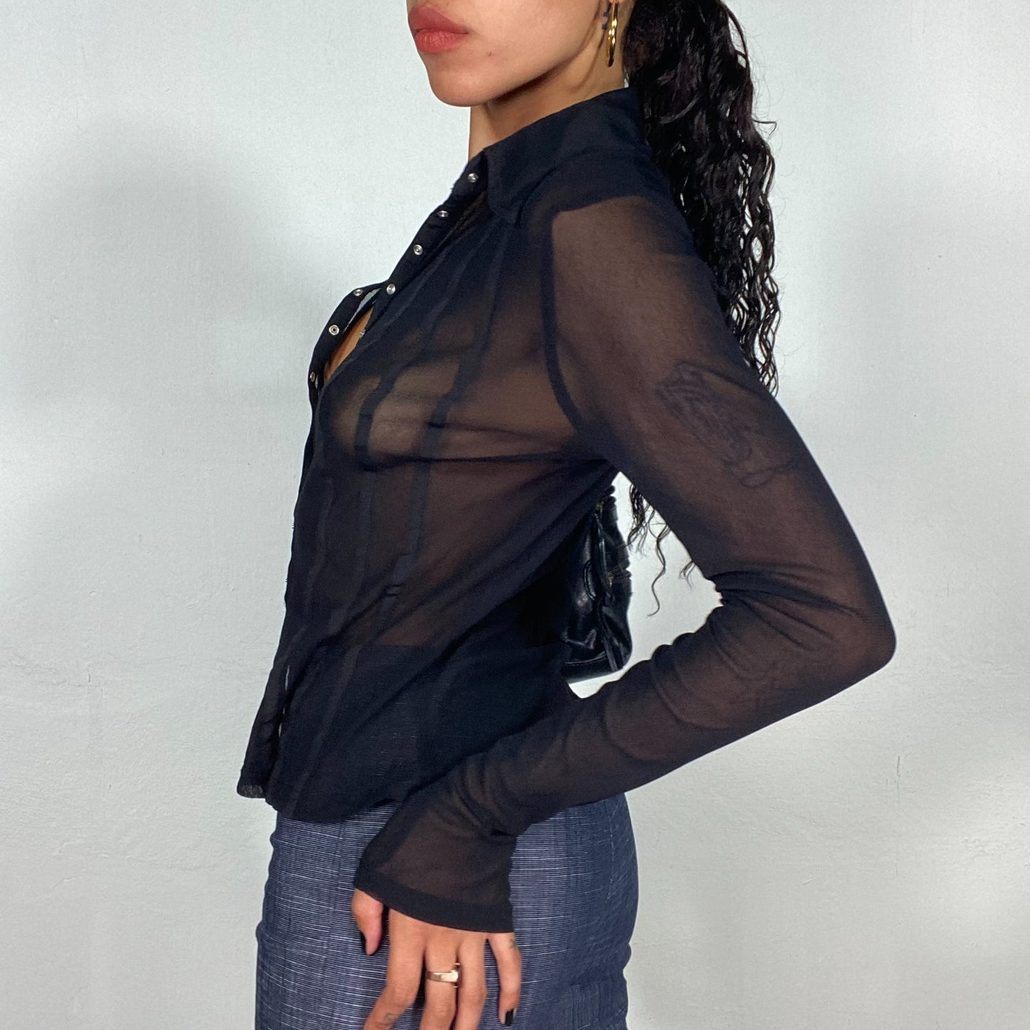 Vintage 2000's Office Black Button Up Mesh Shirt with Silver Buttons (S)