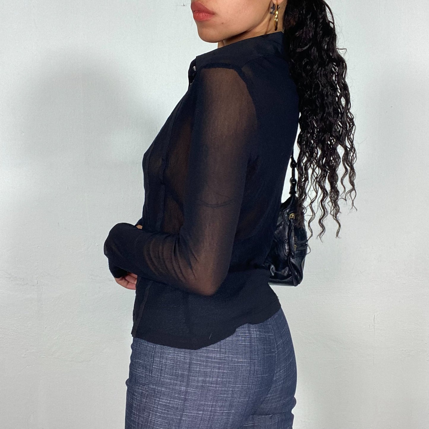 Vintage 2000's Office Black Button Up Mesh Shirt with Silver Buttons (S)