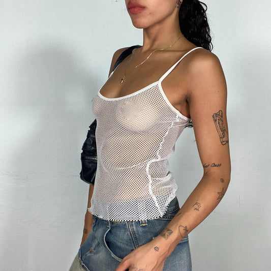 Vintage 2000's Rave White Tank Top with Fishnet Material (S)