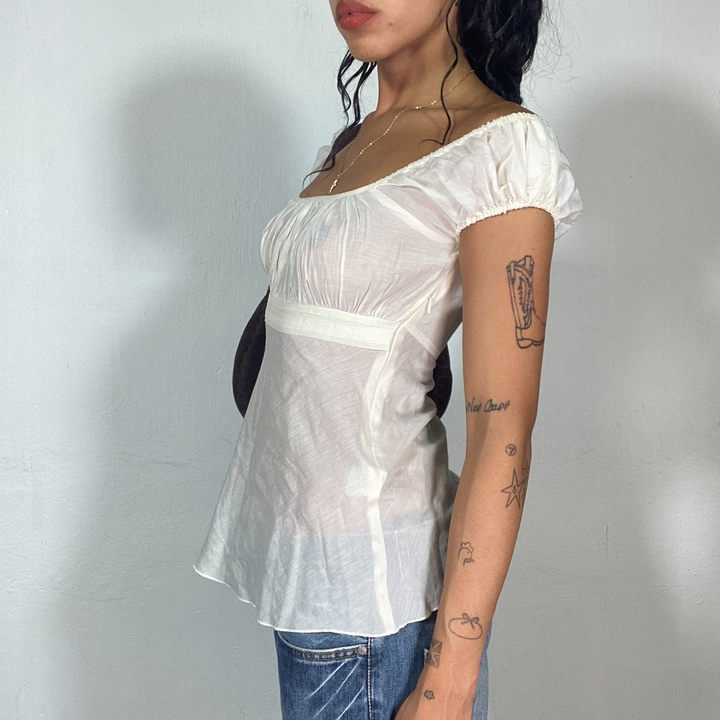 Vintage 2000's Summer White Milkmaid Top with See Through Material (S)