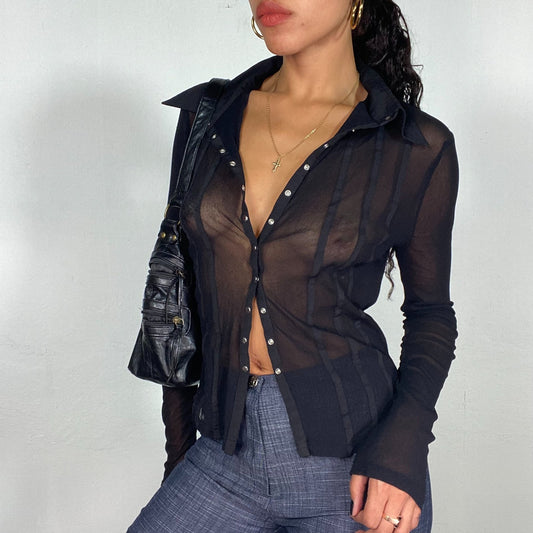 Vintage 2000's Office Black Button Up Mesh Shirt with Silver Buttons (S)
