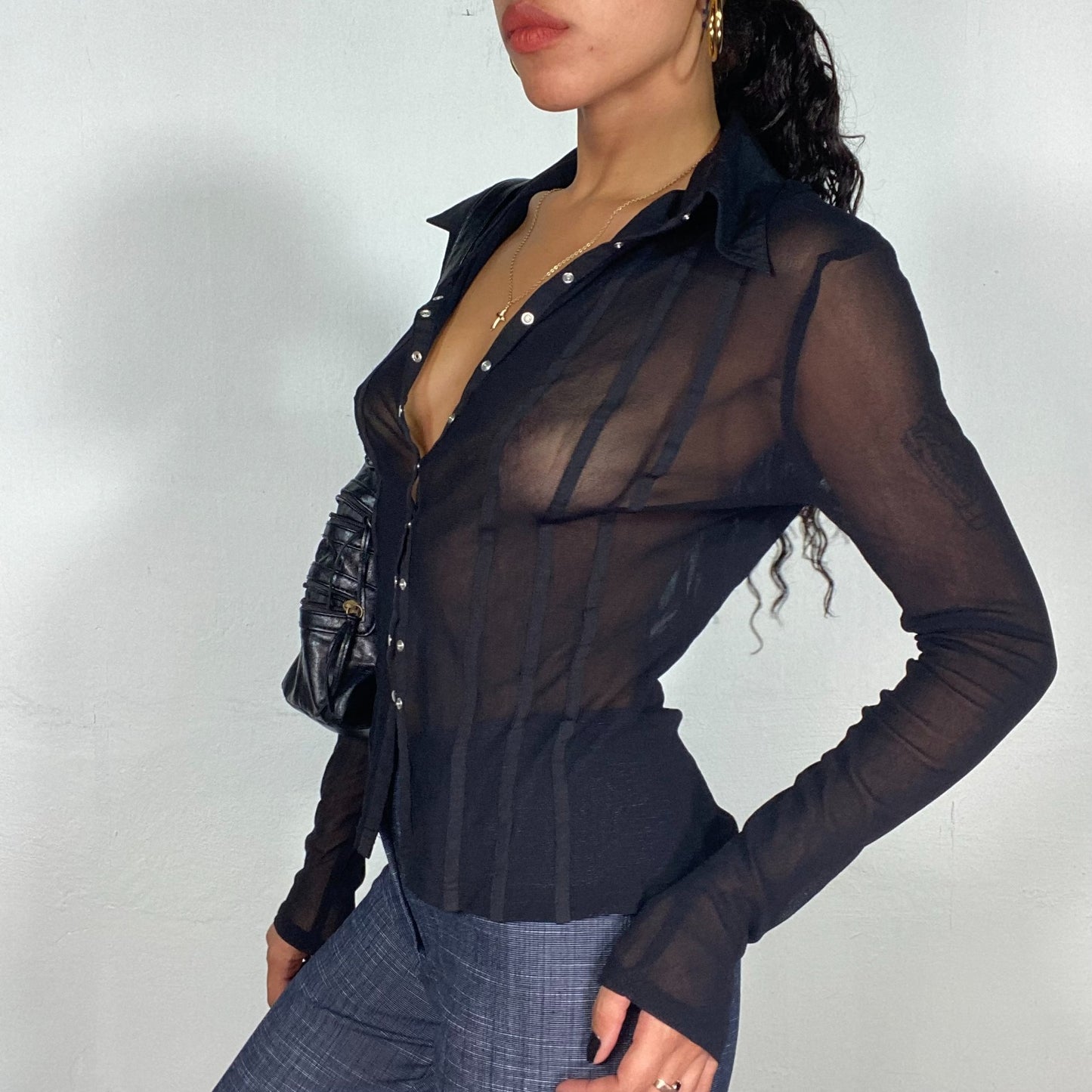 Vintage 2000's Office Black Button Up Mesh Shirt with Silver Buttons (S)
