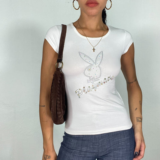 Vintage 2000's Playboy Summer White Top with Silver Rhinestones and Strass Logo Detail (S)