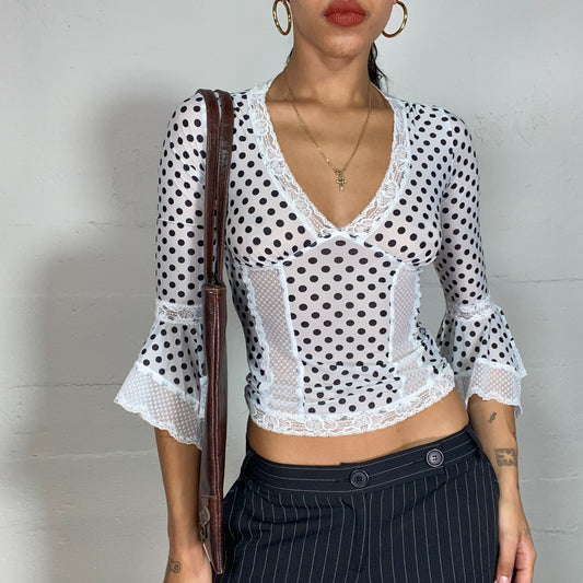 Vintage 2000's Coquette White Mesh Polka Dot Blouse Top with Lace Trim (S)