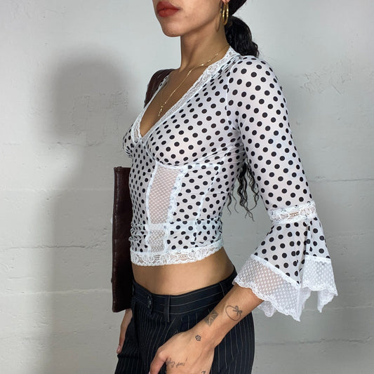 Vintage 2000's Coquette White Mesh Polka Dot Blouse Top with Lace Trim (S)