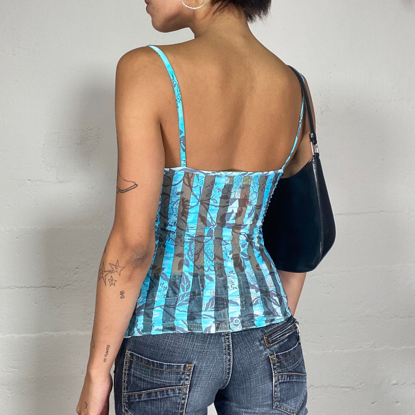 Vintage 2000's Summer Mesh Blue Cami Top with Stripes and Floral Print (S)