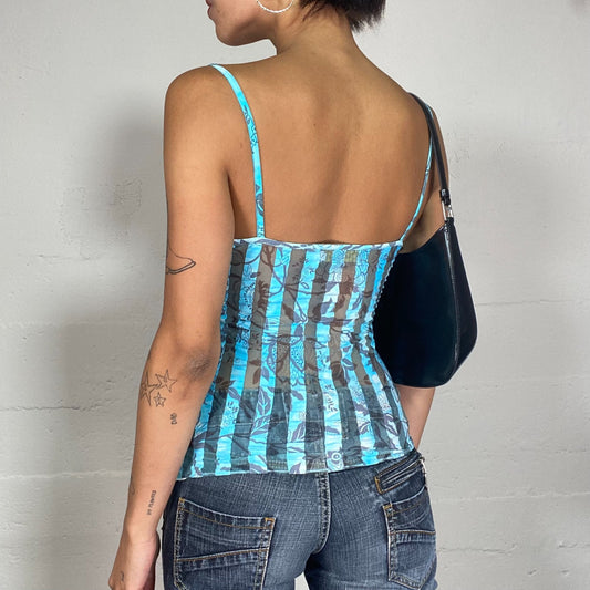 Vintage 2000's Summer Mesh Blue Cami Top with Stripes and Floral Print (S)