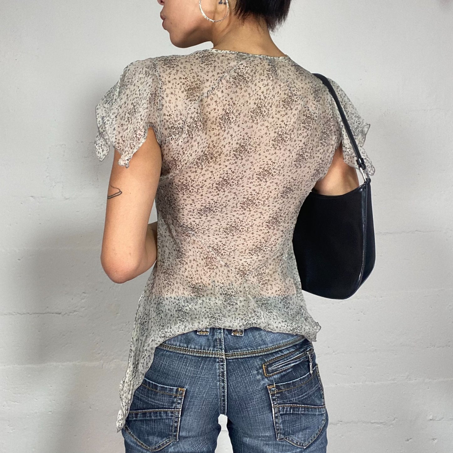 Vintage 2000's Soft Girl Mesh Beige Blouse with Floral Print (S)