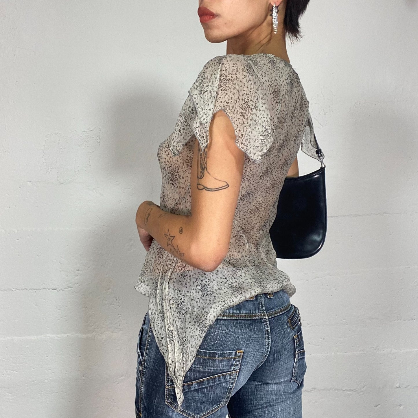 Vintage 2000's Soft Girl Mesh Beige Blouse with Floral Print (S)