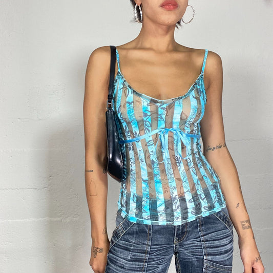 Vintage 2000's Summer Mesh Blue Cami Top with Stripes and Floral Print (S)
