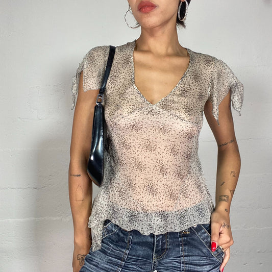 Vintage 2000's Soft Girl Mesh Beige Blouse with Floral Print (S)