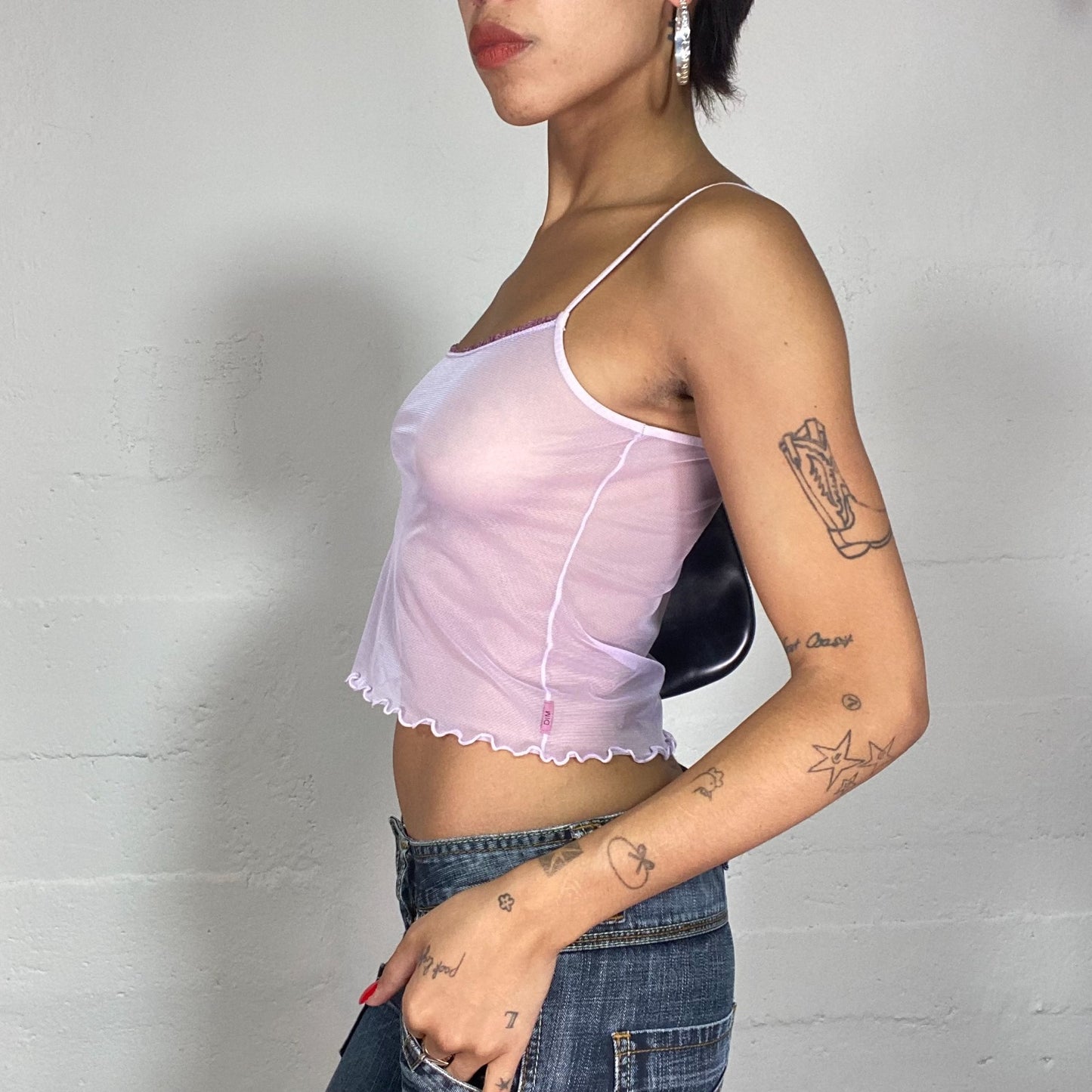 Vintage 2000's Summer Mesh Pink Sheer Cami Top with Fishnet Material (S)