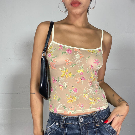 Vintage 2000's Summer Sheer Mesh Olive Green Cami Top with Floral Print (S)