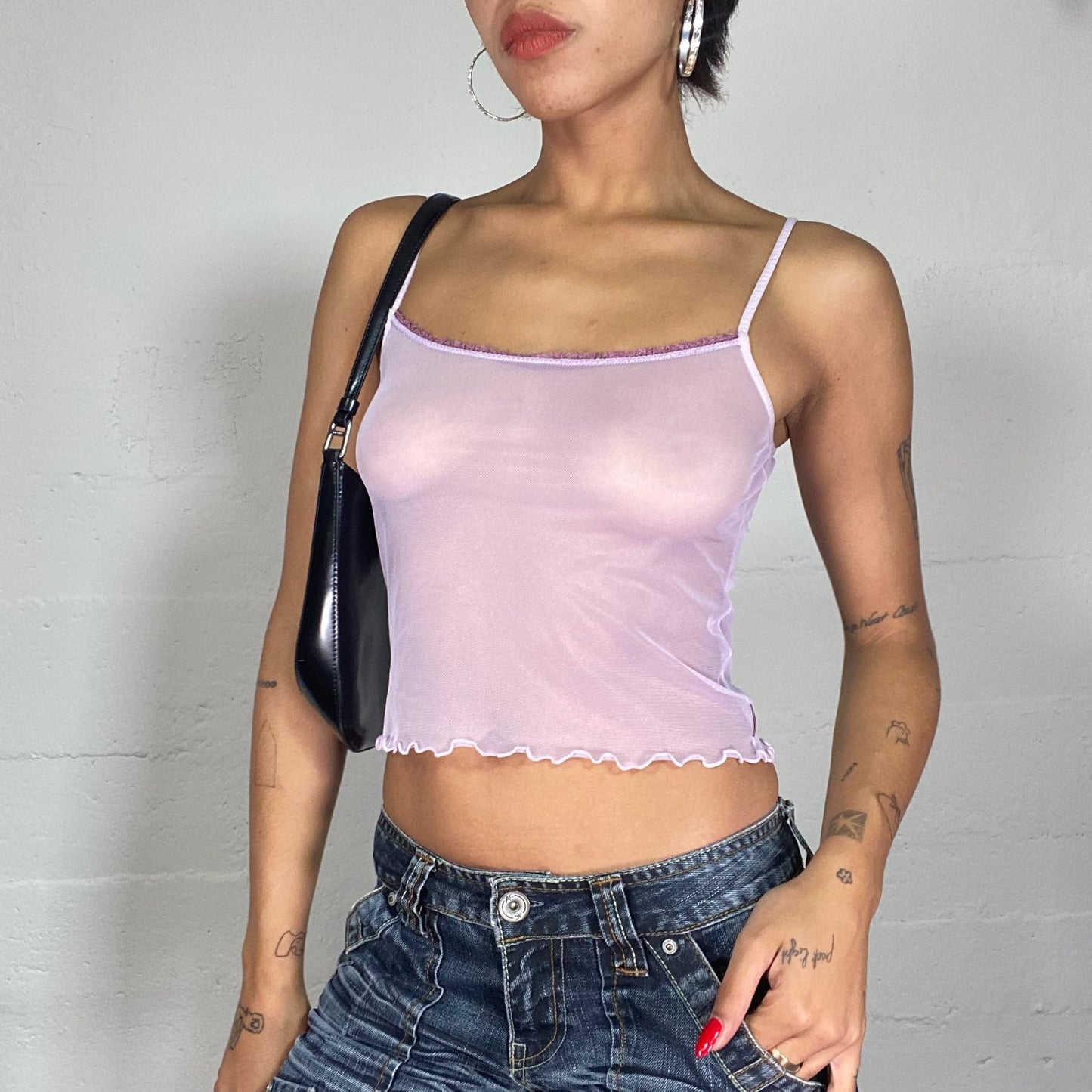 Vintage 2000's Summer Mesh Pink Sheer Cami Top with Fishnet Material (S)