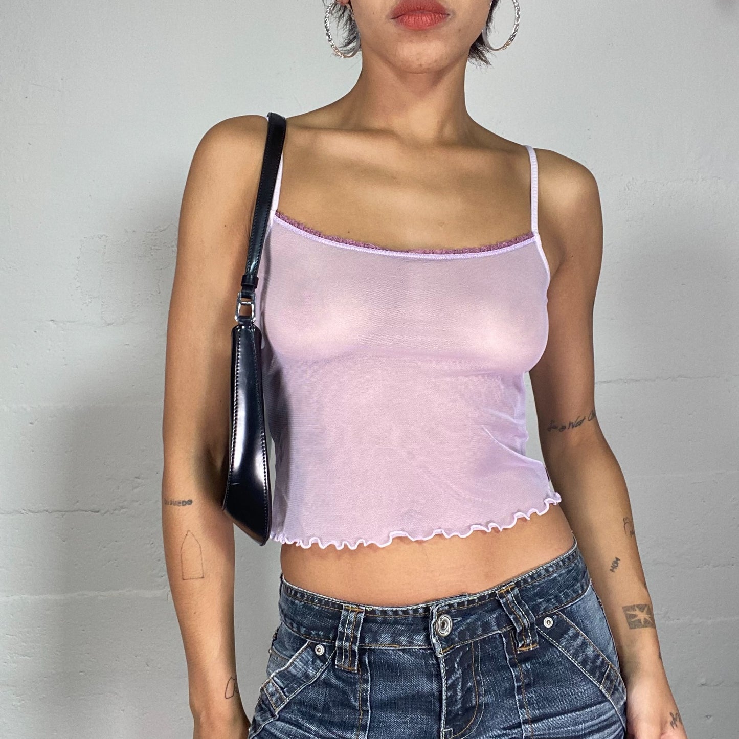 Vintage 2000's Summer Mesh Pink Sheer Cami Top with Fishnet Material (S)