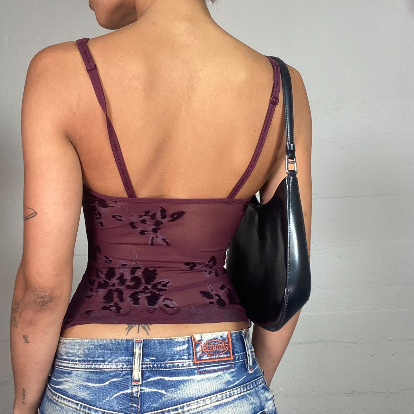 Vintage 2000's Soft Girl Garnet Mesh Cami Top with Black Floral Print (S)
