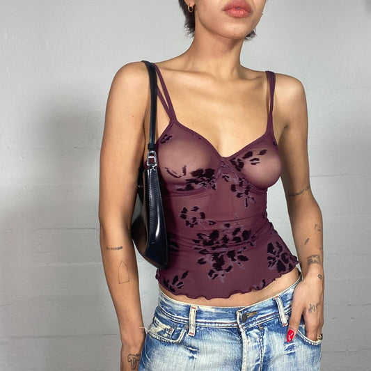 Vintage 2000's Soft Girl Garnet Mesh Cami Top with Black Floral Print (S)