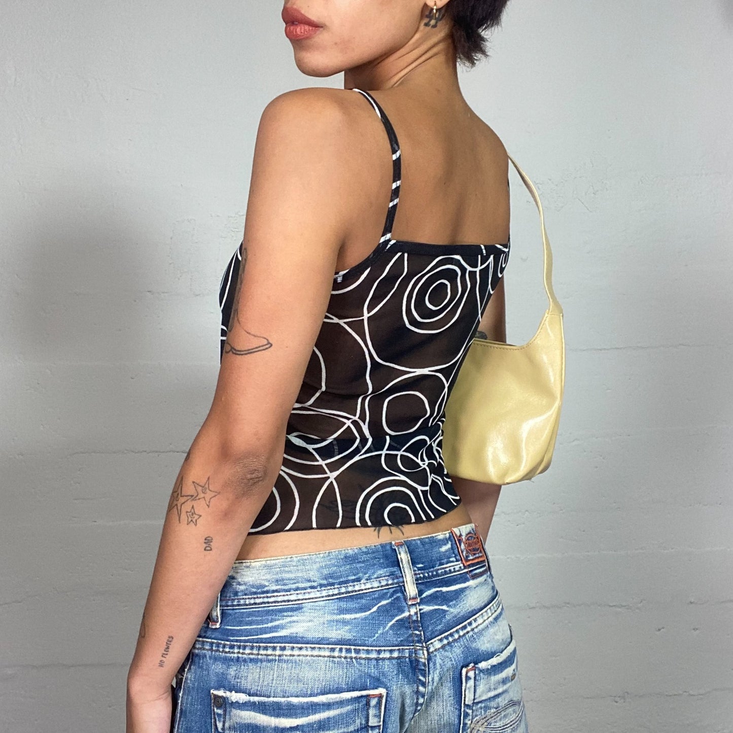 Vintage 2000's Funky Black Mesh Cami Top with White Circle Print (S)
