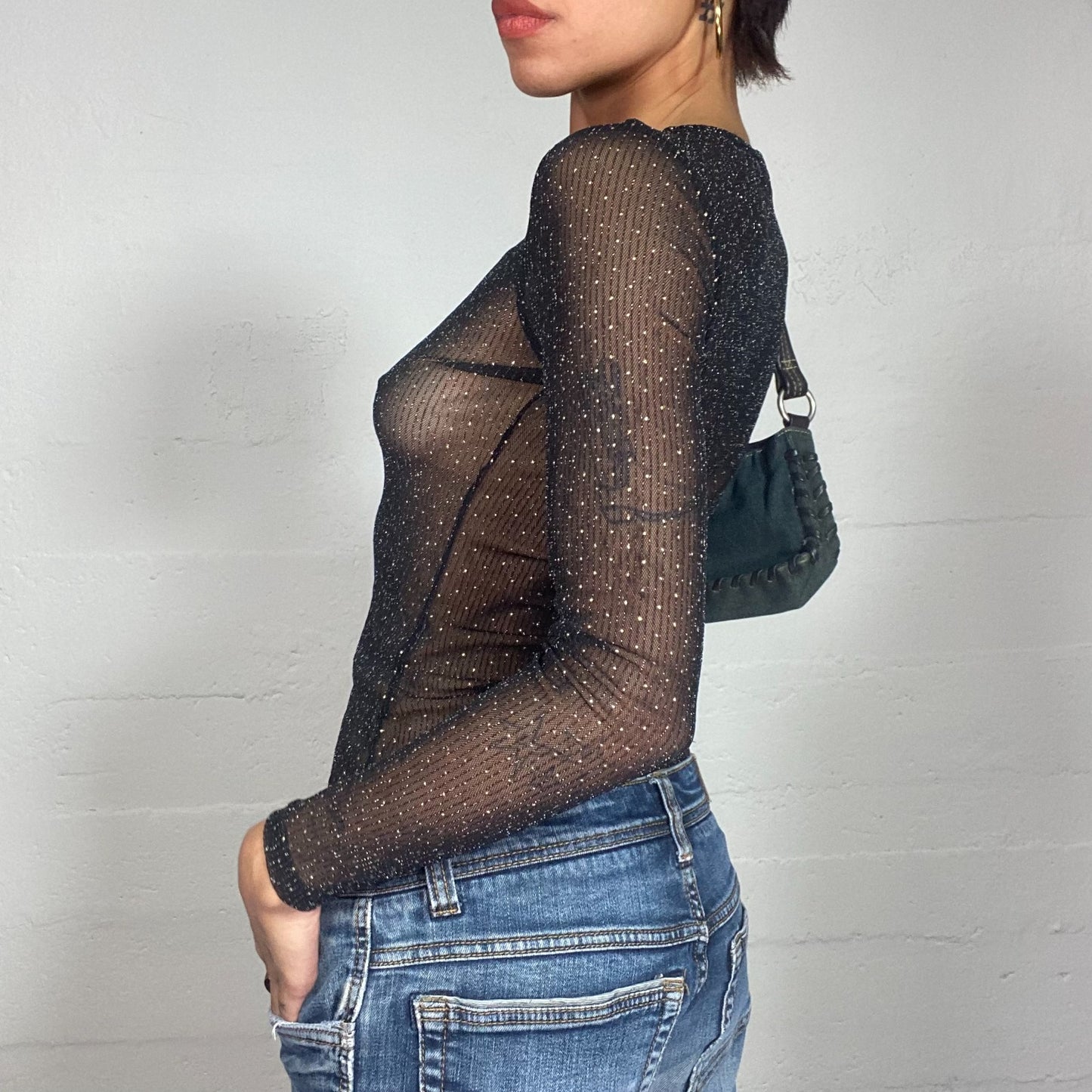 Vintage 2000's Downtown Girl Black Mesh Longsleeve Top with Polka Dot Print (S)