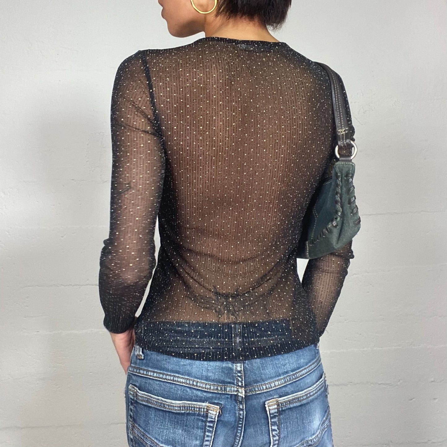 Vintage 2000's Downtown Girl Black Mesh Longsleeve Top with Polka Dot Print (S)