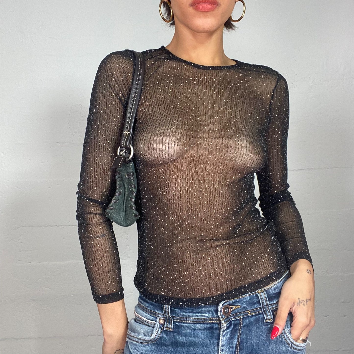 Vintage 2000's Downtown Girl Black Mesh Longsleeve Top with Polka Dot Print (S)