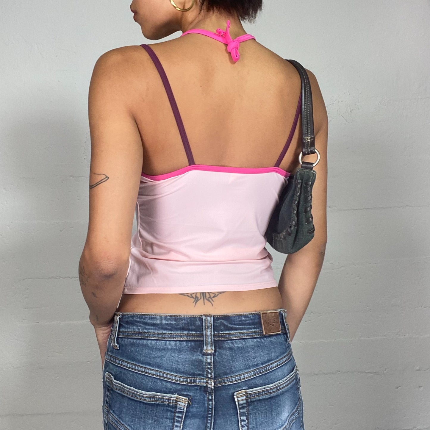 Vintage 2000's Surfer Girl Pink Top with "Deep Inside" Print  and Double Strap (XS)