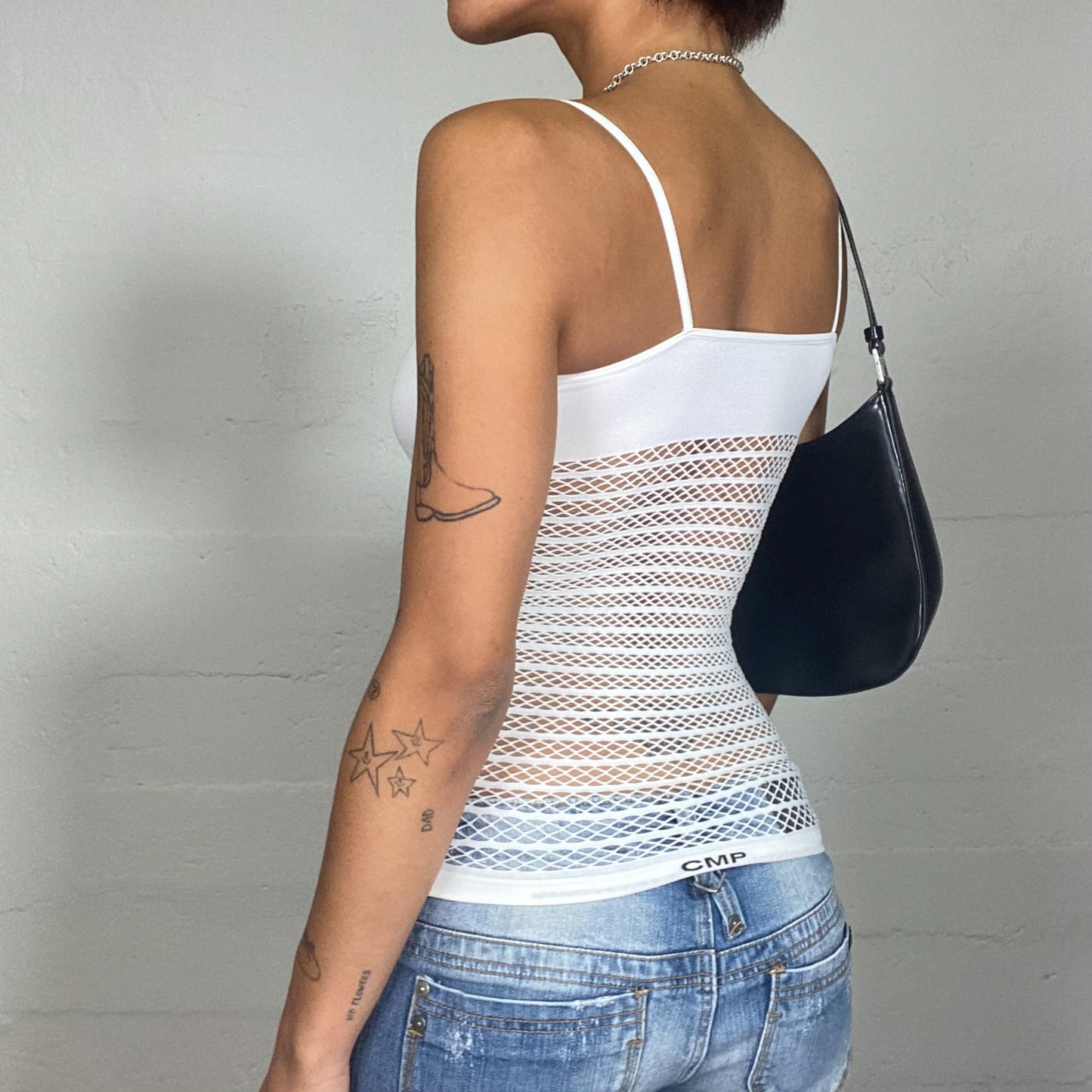 Vintage 2000's Rave White Top with Fishnet Material and Mesh Back Detail (S)