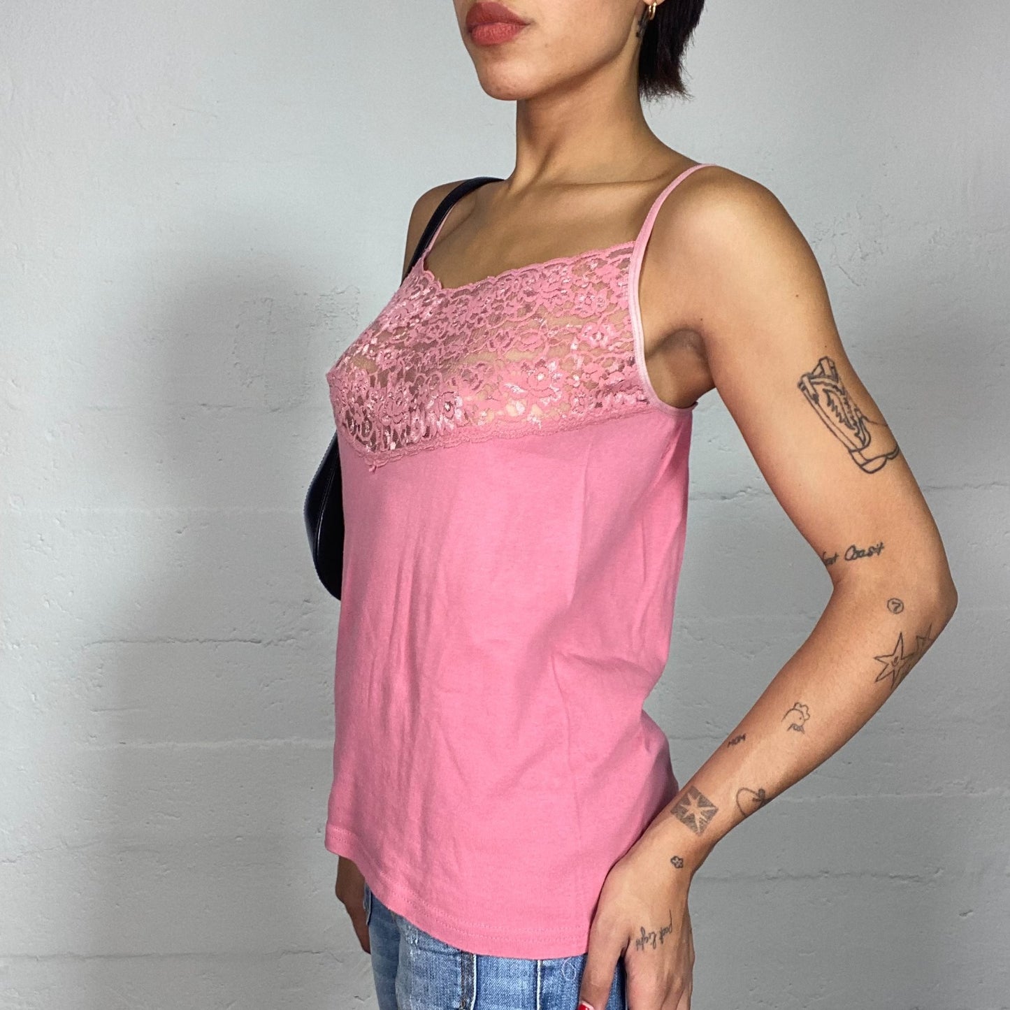 Vintage 2000's Soft Girl Pink Top with Mesh Lace Chest Detail (M)